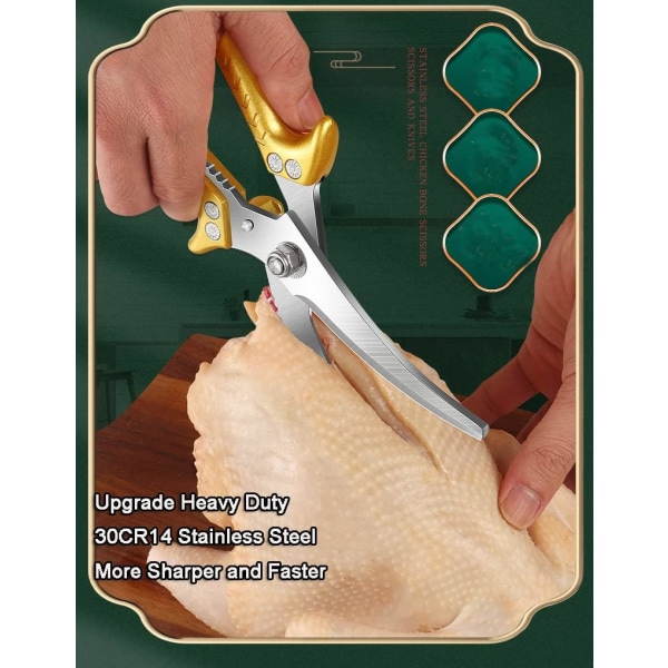 Kjøkkensaks - Oppgrader kraftig kjøkkensaks i rustfritt stål med tagget kant, ultraskarp profesjonell fjærfesaks for bein