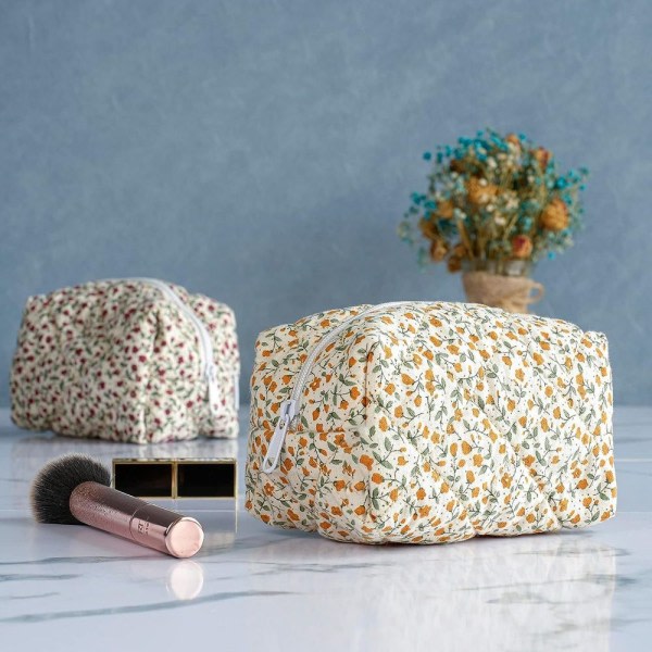 Floral Puffy Quilted Makeup Bag Stor Rejse Kosmetik Taske - ORANGE