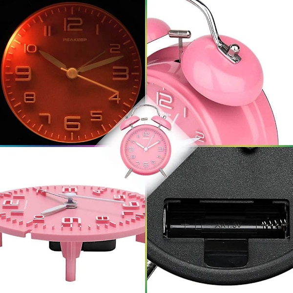 4 Tums Dubbelklocka Ljudlarm för Tungsovare, Bakgrundsbelysning, Batteridriven Gammaldags Väckarklocka för Sovrum Pink