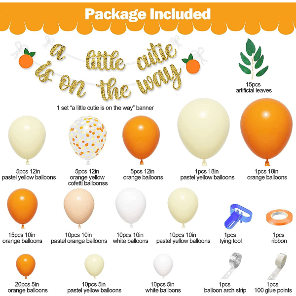 122 stk Little Cutie Baby Shower-dekorasjoner, oransje og gul ballongbue-sett, pilblader En liten cutie er på vei-banner for Tangerine T