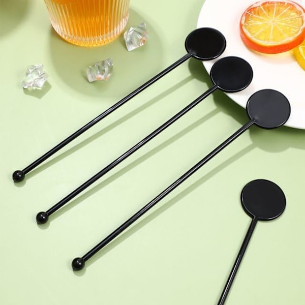200 st 7\"/17 cm svarta återanvändbara plastcocktailskivstångare - Premiumkvalitet omrörningspinnar för blandning och garnering av drycker