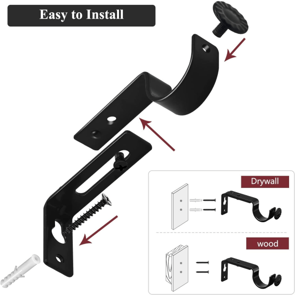 Justerbare gardinstangbeslag, sort metal, heavy duty gardinstangbeslag til 25mm-28mm gardinstænger, 4 stk.