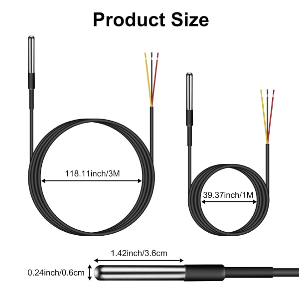 10 st DS18B20 Digital Temperaturgivare, 5 x 3M, 5 x 1M Termisk Kabel Vattentät Givare -55°C till +125°C Rostfritt Stål Rörgivare