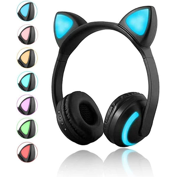 Trådløst Bluetooth-katteøre-headset med mikrofon 7-farget LED-lys blinkende på-øret stereo-headset