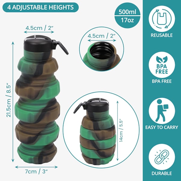 Hopfällbar Silikon Vattenflaska med Kamouflage - 500ml/17oz Vikbar BPA-fri & Läckagesäker Flaska - Återanvändbar Bärbar Mugg