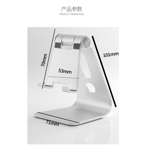 Justerbart telefonstativ i aluminium for mobiltelefoner, iPhone og Android, Sølv
