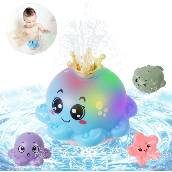 Baby Badleksaker för 1 2 3 Åriga Pojkar Flickor, LED Automatisk Spray Vatten Bläckfisk Ljus Upp Badkar Simbassäng Leksaker Gåvor för Småbarn 0-6 Månader Blue Octopus