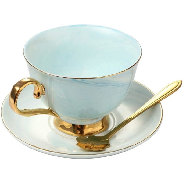 Marmor keramisk kopp og tallerkensett Camellia-mønstret bein Kina kaffekrus Tekopp gullkant med kaffekopp, tallerken og skje, 200 ml (blå)