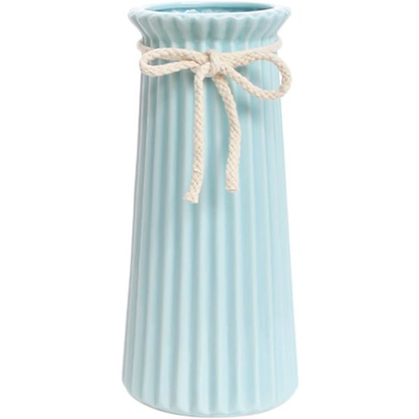 Hvid Keramisk Riflet Vase til Minimalistisk Moderne Hjemmeindretning, Dekorativ Blomster Vase til Bryllup Middagsbord Kontor Soveværelse - 7,5 Tommer / 20 CM-blå