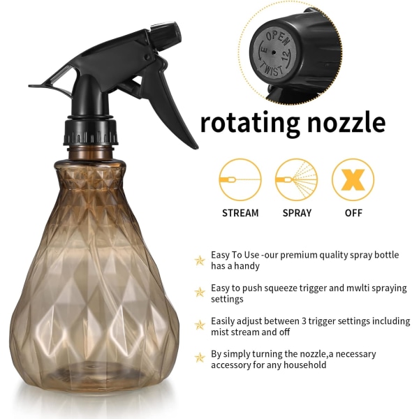 2 stk Tomme Sprayflasker, 500ml Vann Sprayflasker med Justerbar Sprayhode, Påfyllbare Trigger Sprayflasker