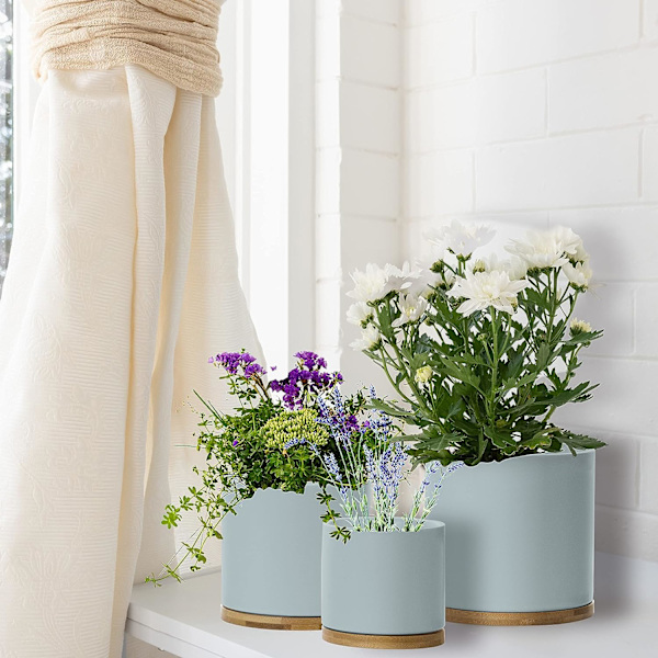Keramisk Blomkruka Set med Bambusbricka Blå Inomhus Blomkruka Blå Blomkruka Set Keramisk Blomkruka Behållare Utomhus med Underfat (Stor)