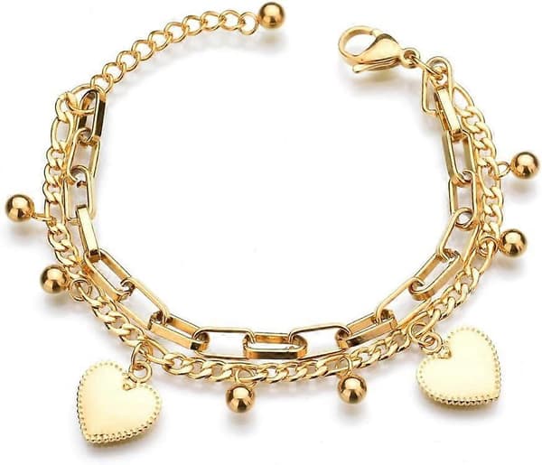 Guld Rustfrit Stål Multi Kæde Armbånd med Kugle og Hjerte Vedhæng til Kvinder