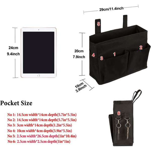 Vedenpitävä Oxford-riippuva makuuhuone, jossa on koukut sängyn makuusalille Minimalistinen 4 taskua säilytyslaukku 29 * 20 cm, musta