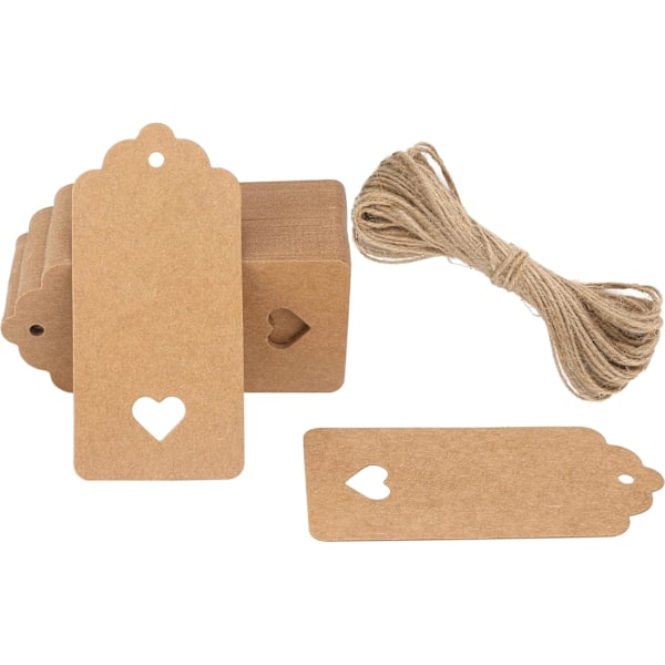 Brune Gavemerkelapper med Hjerte, 100 stk. Blanke Papirmerkelapper med Snor, Gavemerkelapper til Valentinsdagen 4,5x9,5 CM Store Gaveetiketter for Bryllupsgaver Cowhide