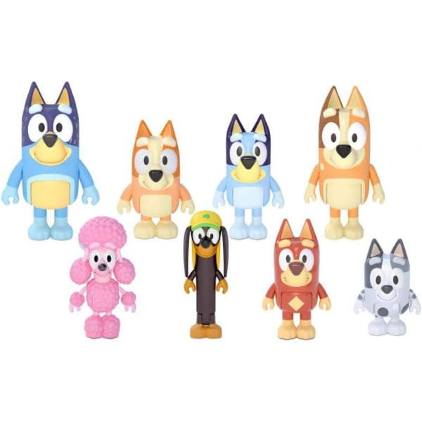 Bluey Familie og venner Figur 8-pakke: Leddede 2,5 tommers actionfigurer; Bluey, Bingo, Bandit (pappa), Chilli (mamma), Coco, Snickers, samleobjekt