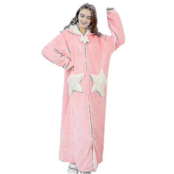 Dam Varm Morgonrock med Huva Mjuk Bekväm Flanell Lång Badrock Rock H Pink L