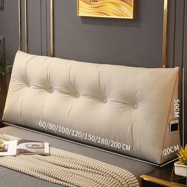 Mukava ristiselän tyyny, lukuselkänojan tyyny, kolmiomainen sängynpääty tyynysänky kiilatyyny, suuri lukutyyny 100x50x20 cm, beige
