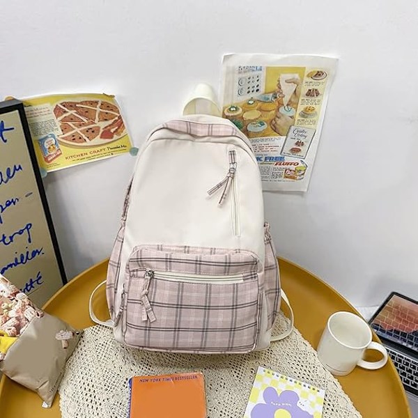 Kawaii Rygsæk med Vedhæng Sød Rygsæk Ternet Æstetisk Rygsæk Skole Tasker til Piger Teenagere Tilbage til Skolen Rygsække（C)
