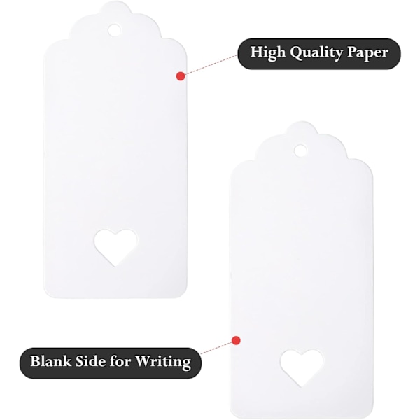 Hvide Gavemærker med Hjerte, 100 stk. Blanke Papirmærker med Snor, Gavemærker til Valentinsdag 4,5x9,5 CM Store Gaveetiketter til Bryllupsgaver White