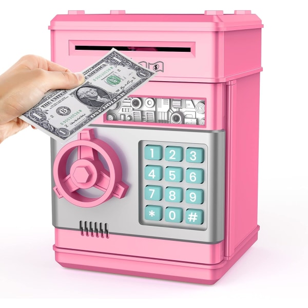 Pengekasse, pigelegetøj i alderen 3-12 år, sparegris til børn ATM-sparekasse adgangskodesikker, pengemøntpengeboks, til 5 6 7 8 9-årige piger, Pink