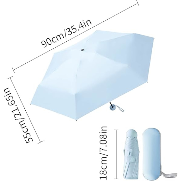 Taitettava sateenvarjo, 6-ripainen miniv sateenvarjo pienellä sateenvarjolla kapselikotelolla Mini anti-UV-sateenvarjo Nopea kuiva ja ultrakevyt kompakti (sininen)
