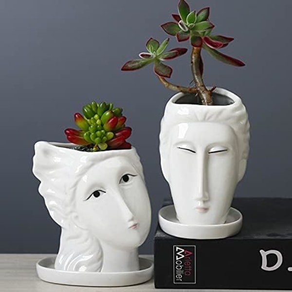 Keramisk Blomkruka och Fat Set Ansiktsvas Huvud Blomkruka Skulptur Planteringskruka Blomkruka Dekorativ Blomvas Skrivbordsvas Sukkulenter Blomkruka（Man