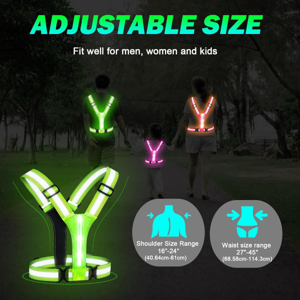 LED refleksvest, USB oppladbar, justerbar midje/skulder - Green