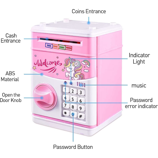 Pengeboks for barn, elektronisk sparegris ATM med automatisk rulling av penger, passordbeskyttet, mynt- og kontant-sparegris, gave til jenter, gutter og barn