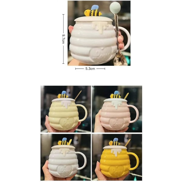 400 ml Mehiläismuki Söpö 3D Relief Keraaminen Cup Creative Keittiö Toimisto Kahvi Maito Teekuppi Cover ja Lusikka (vaaleansininen)