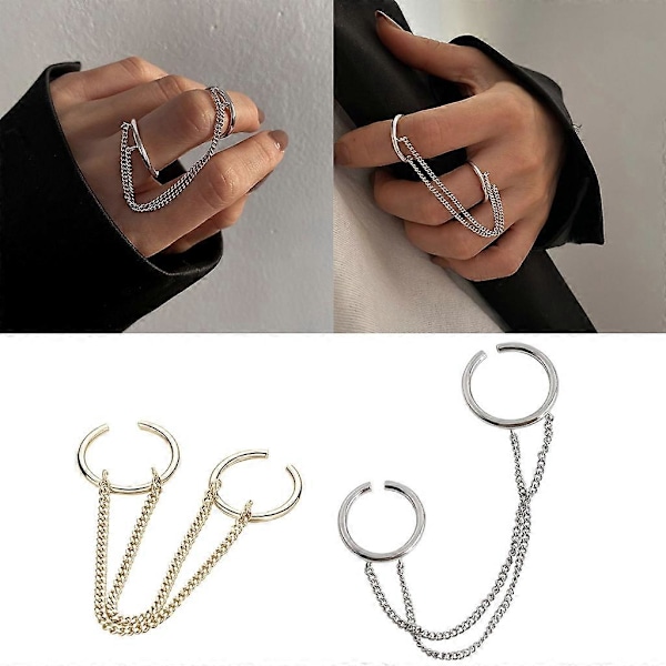 Kult dobbelt ringsett med kjededetalj, trendy fingerringer for hiphop-elskere Gold