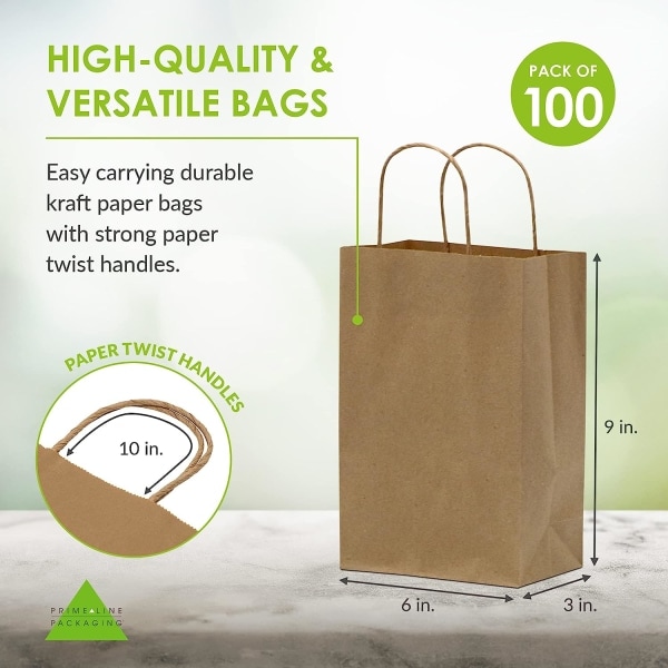 Pienet ruskeat paperipussit kahvoilla - 6x3x9 tuumaa 100 pakkausta Kraft-pusseja, käsityöpussit kaupoille, lahjoille, pienyrityksille, jälleenmyyjille, syntymäpäiville