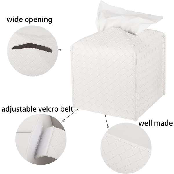 Tissue Box Cover Läder Tissue-hållare Fyrkantigt case Organizer för badrum, sminkbord, bordsskiva, bil, vit