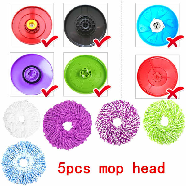 5 Vaihtoehtoista Mikrokuitu Mopipäätä 360° Spin Magic Mopille - Mikrokuitu Mopipään Vaihto - Pyöreä Muoto, Vakiokoko