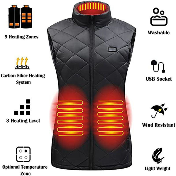 Oppvarmet vest for kvinner, oppvarmende kvinners oppvarmede vest elektrisk oppvarmingsvest Black XL