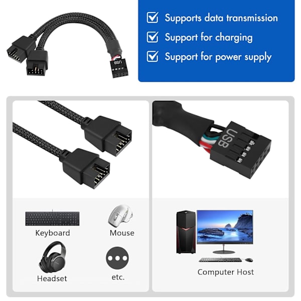 USB-header splitter, 2 stk. USB 2.0 9-bens hun til dobbelt 9-bens han forlængerkabel, bundkort 9-bens USB2.0 header splitter nylon flettet