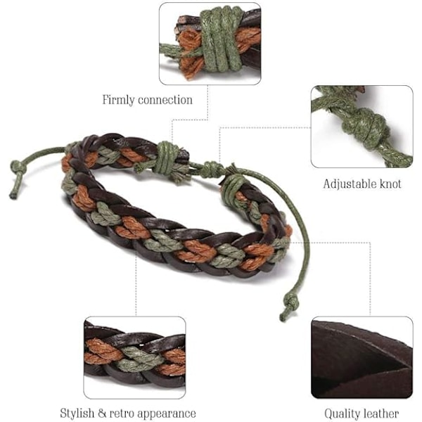 Læderarmbånd, 6 stk. justerbare mode punk stil flettede herre dame reb armbånd vintage manchet wrap armbånd sæt