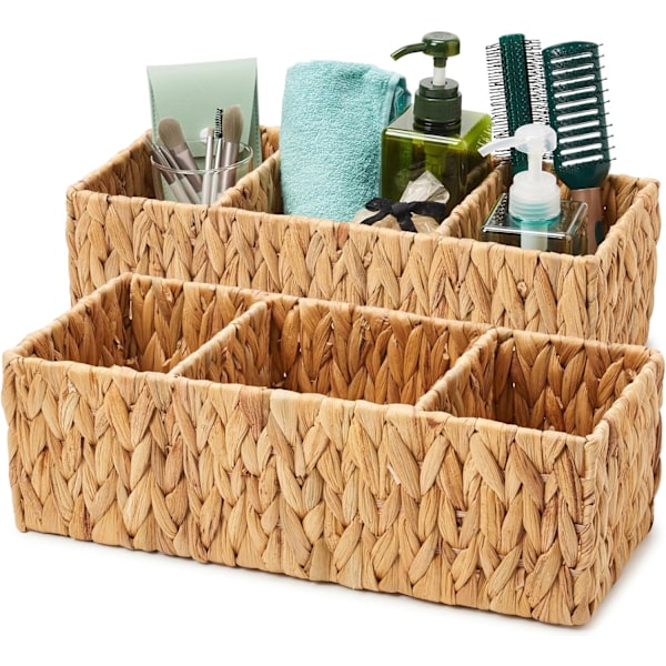 3 Section Natural Water Storage Baskets, Woven Wicker Bin for Organising Nursery, Kids, Toilet Tank Top, Countertop - Set of 2