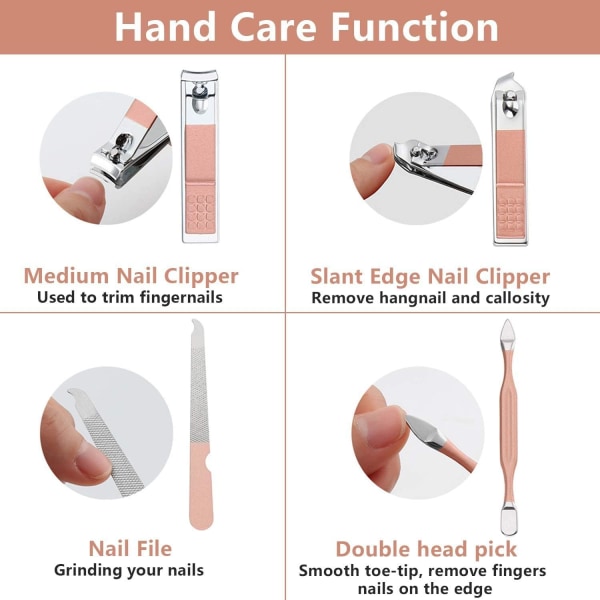 Neglesæt til manicure, professionelt pedicure-sæt i rustfrit stål, neglesaks, plejesæt med sort PU-læderetui (lyserødt læder)