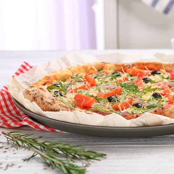 Sæt med 4 non-stick pizzabageplader, store 32 cm, kulstofstål, køleskab, fryser og opvaskemaskine sikker