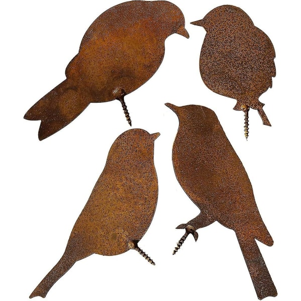 Rustne fugle med skrue til at skrue ind i træ, 4 patinafugle havepæl Rust Rusten havedekoration Egernrust dekorativ træpæl