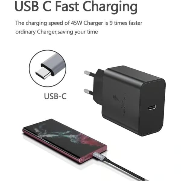 Hurtigoplader 45W til Samsung USB-C + 1M USB C-kabel - EU - Sort