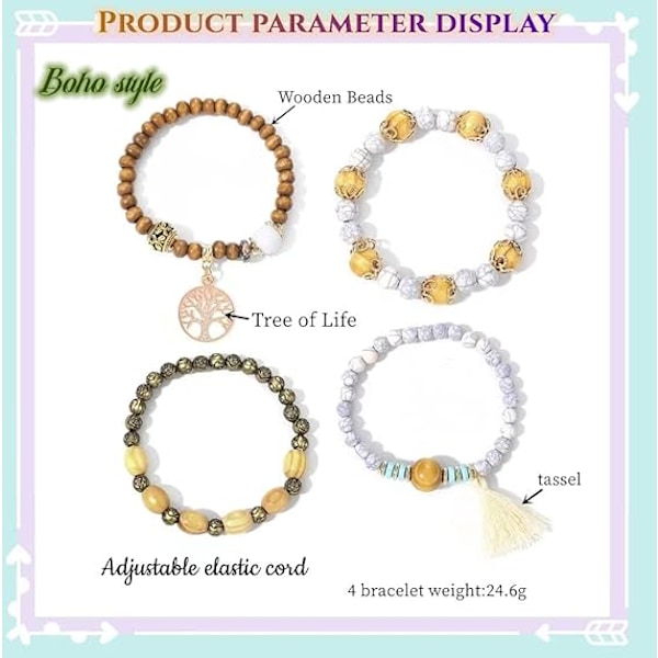 Boho Pärlarmband, Stretcharmband, Tofsarmband, Turistsouvenir Livets Träd Armband för Kvinnor (4-pack)