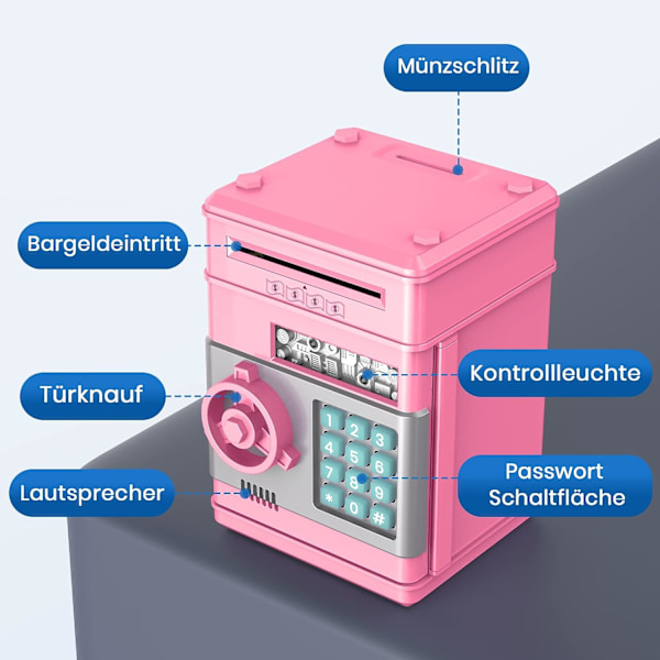 Pengeboks, Jenteleker 3-12 år, Spargris for Barn ATM Sparbank Passordboks, Kontanter Mynt Pengeboks, for 5 6 7 8 9 år gamle jenter, Rosa
