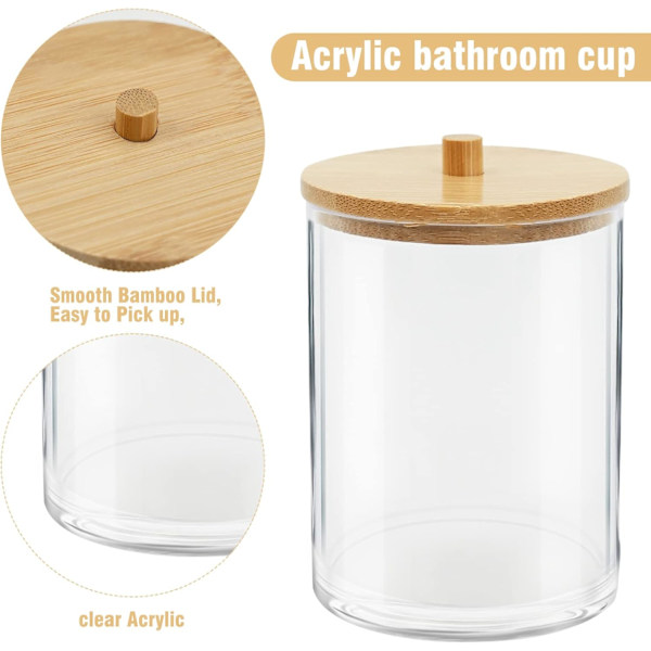 3-pack Akryl Q-tips-hållare med bambulock - Badrumsburkar, förvaringsburkar, dispenser för bomullsrondeller, bomullspads, hållare för badrumsförvaring och organisering