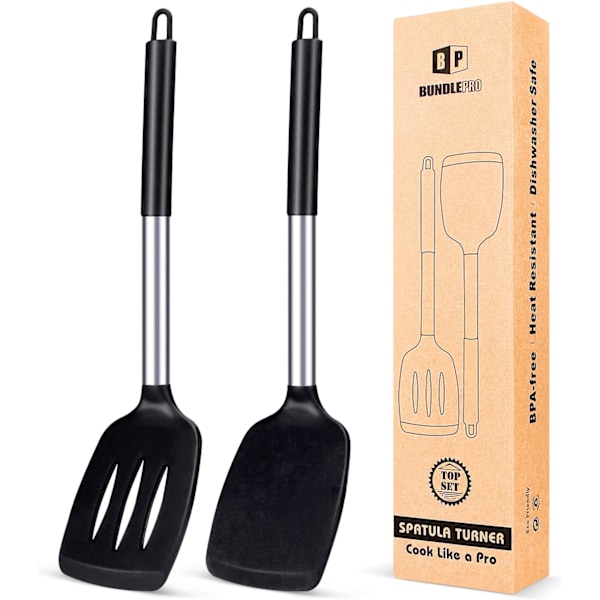 Silikonspatelset om 2, Värmebeständig Non-Stick Spatel, Köksredskap för Servering, Stekning, Matlagning av Ägg, Fisk, Grönsaker, Biff (Svart)