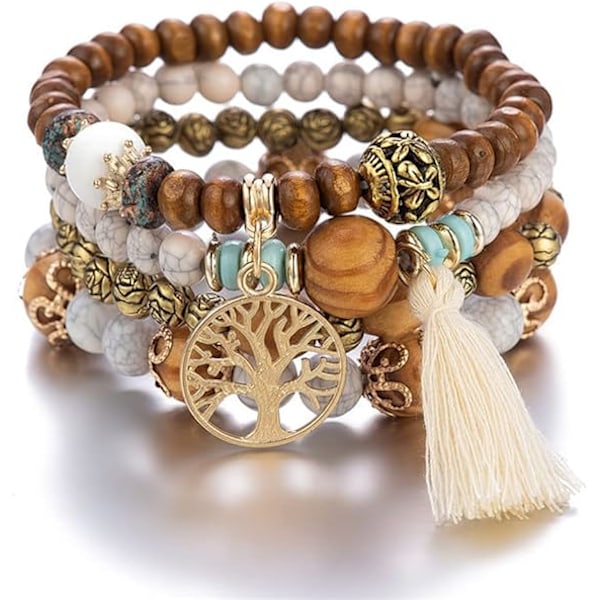 Boho Perlearmbånd, Multilags Træperlearmbånd, Stretch Armbånd, Turist Souvenir Livets Træ Armbånd til Kvinder (Pakke med 4)