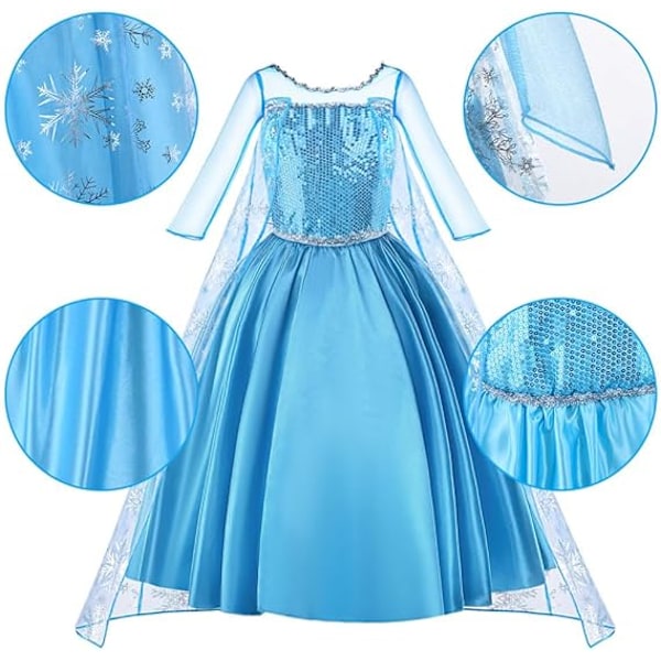 Elsa Prinsessa -asu, Elsa-mekko, Prinsessamekko tytöille, Deluxe Kiiltävä Viitta Hieno Mekko Halloween-joulu syntymäpäiväjuhliin,  140cm