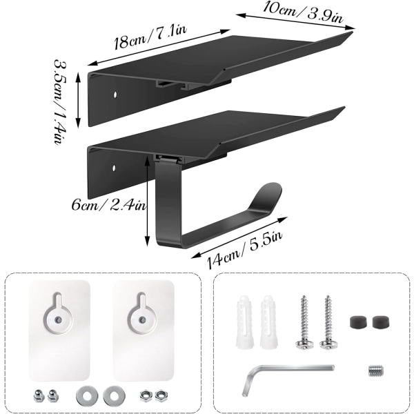 2 i 1 toalettpapirholder veggmontert, svart toalettpapirholder selvklebende metall aluminium kjøkkenrullholder med hylle