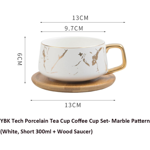 Porcelæn Te Kop Kaffe Kopsæt til Eftermiddagste - Marmor Mønster (Kort 302ml + Træ Underkop)