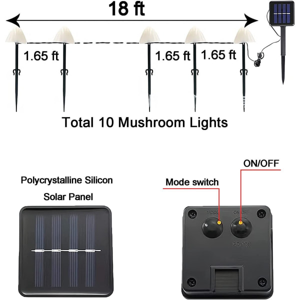 Aurinkokennovalosarja ulkokoristeluun - IP44 vedenpitävä 24 FT aurinkokäyttöiset sienivalosarjat terassille, puutarhaan, nurmikolle, terassille